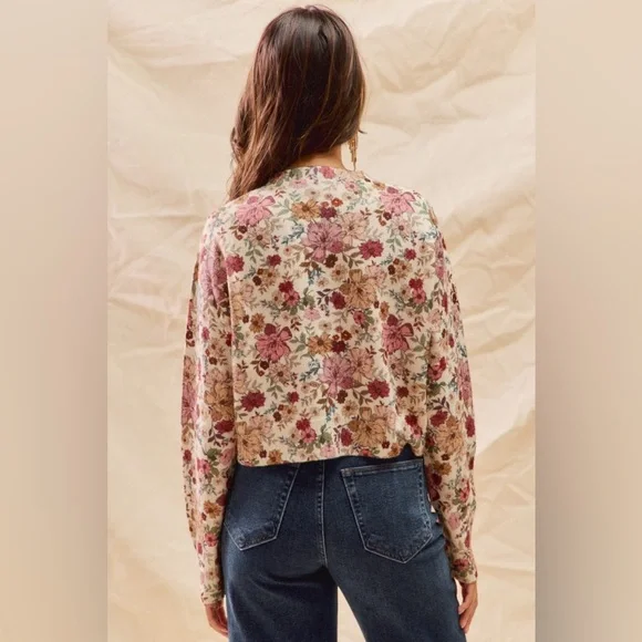 Clay Rose Floral Print western boho Button Down Cardigan Sweater tunic top - Picture 6 of 6